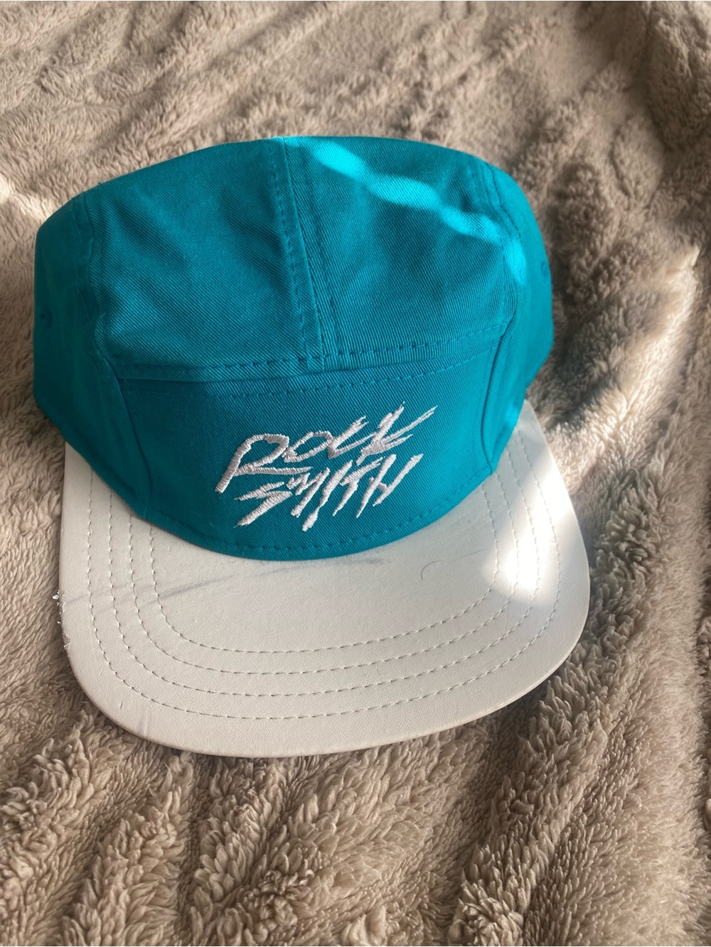 Turquoise and White Embroidered 5-Panel Cap